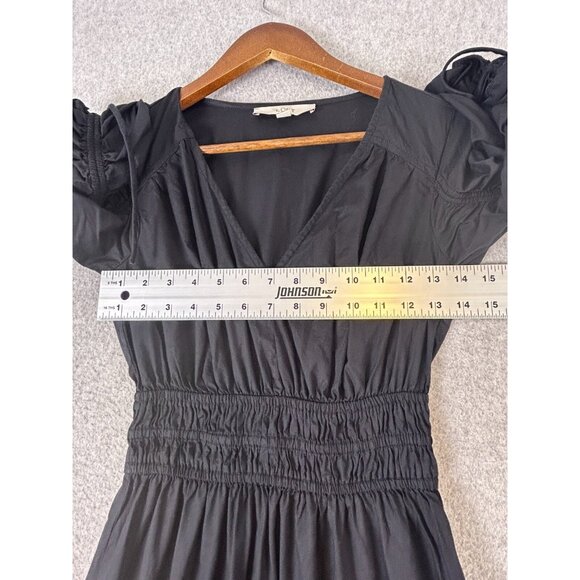 LOFT Maxi Dress Women's XXS Black V-Neck Ruche Pleated A-Line Puff Sleeve - Picture 6 of 11